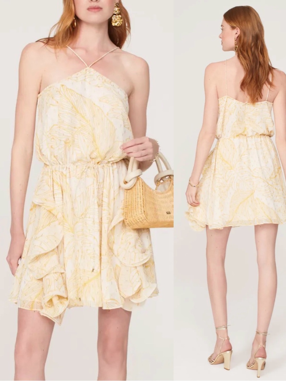Alexis Asia Halter Neck Spaghetti Straps Ruffle Dress Yellow Golden Palms Size L